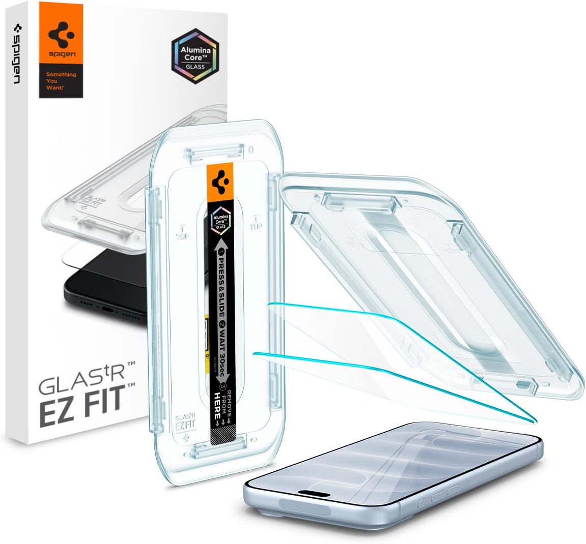 Spigen GLAS.tR EZ Fit Sensor Protected screen protector for iPhone 18 Pro Max with alignment tray