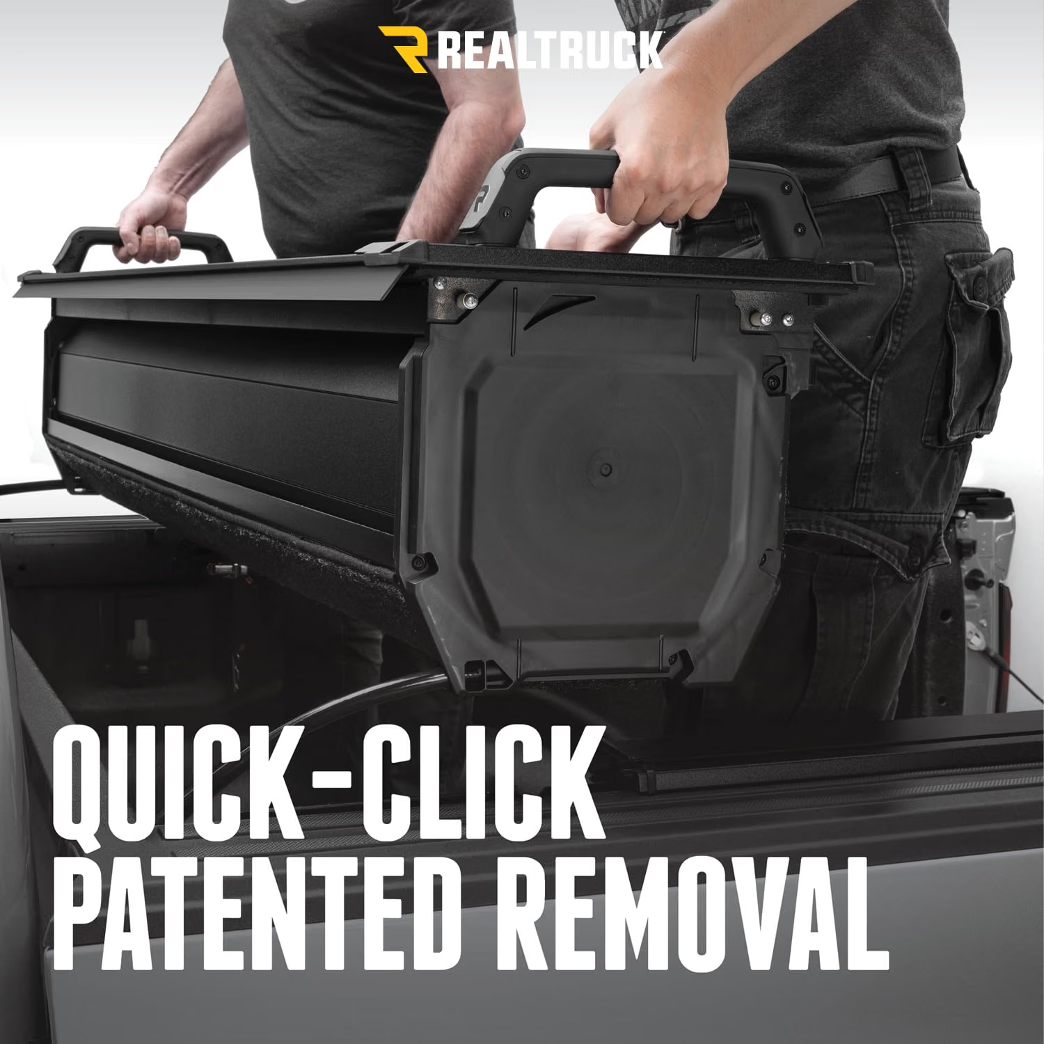 The EZ-OFF design lets the retractable canister disconnect from the rails so owners can regain the full truck bed when hauling larger cargo. RealTruck RetraxPRO EZ-OFF FRC-4000 removable canister system.