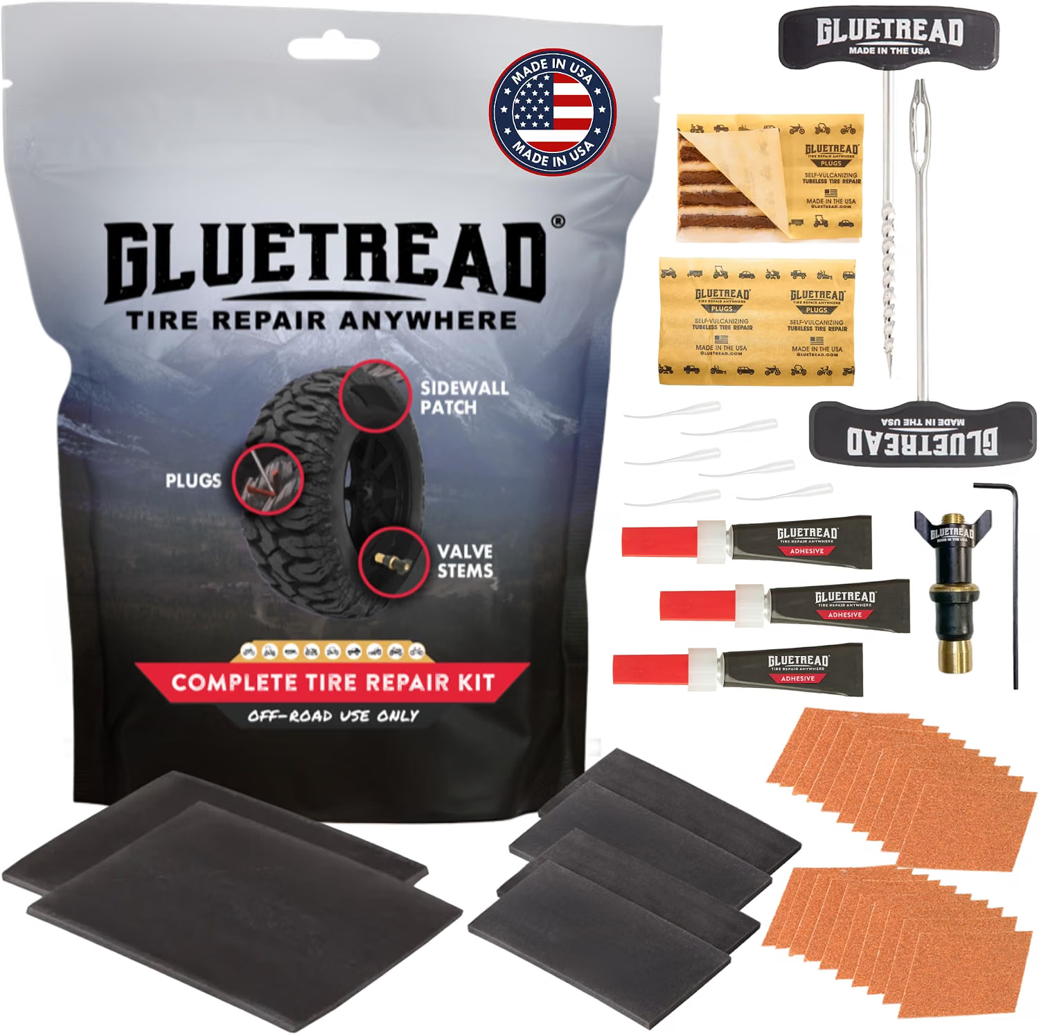 GlueTread Complete Tire Repair Kit with tire plugs, sidewall patches, adhesive, repair tools, and emergency valve stem