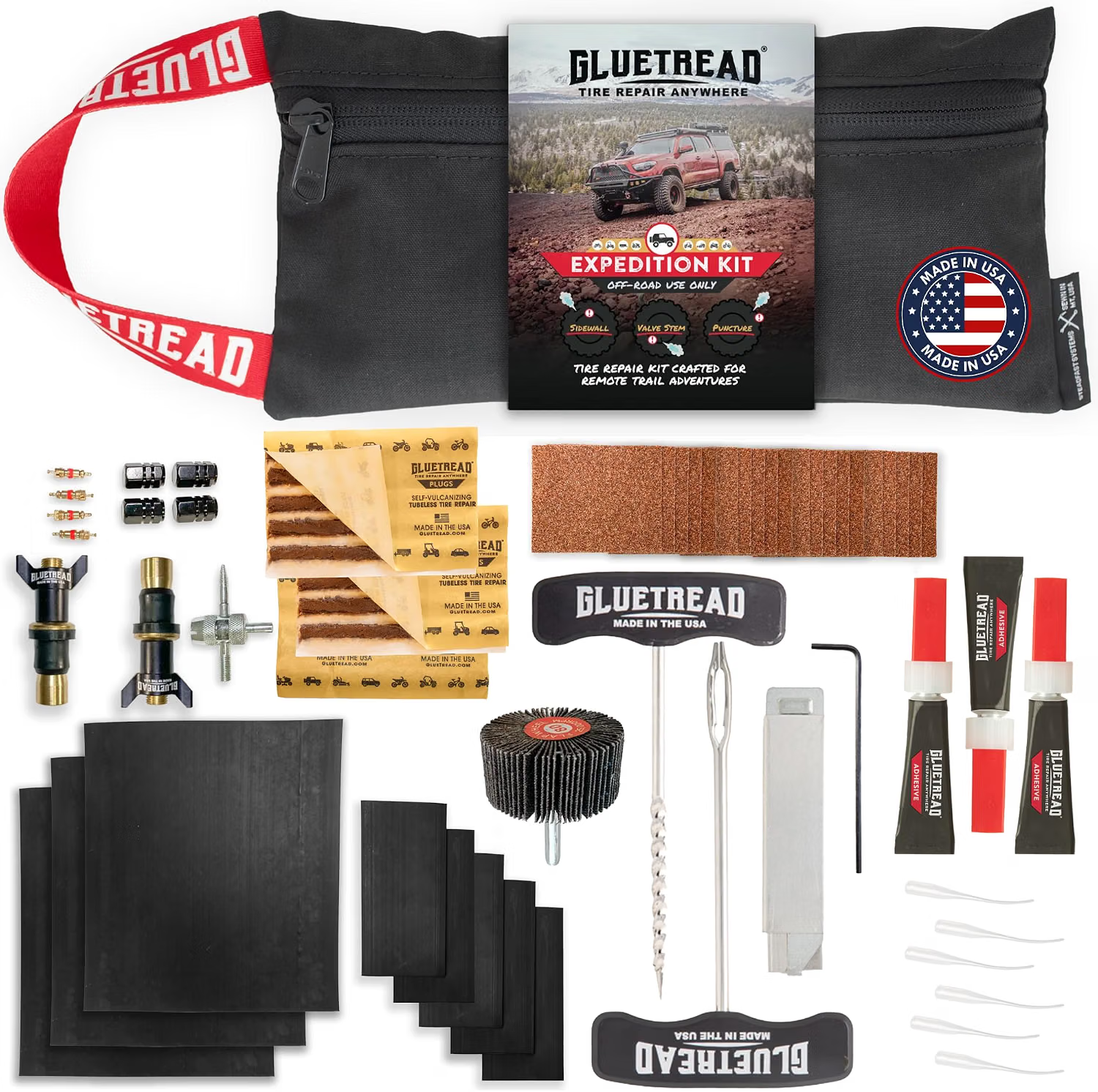 GlueTread Expedition Kit with tire plugs, sidewall repair patches, valve components, tools, and rugged storage bag
