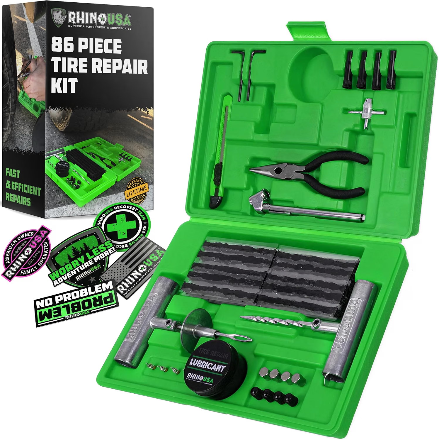 Rhino USA 86 Piece tire repair kit with T-handle tools, tire plugs, patches, valve accessories, and carrying case