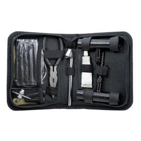 Smittybilt 2733 tire repair kit with tire plugs, aluminum repair tools, pressure gauge, pliers, and valve accessories