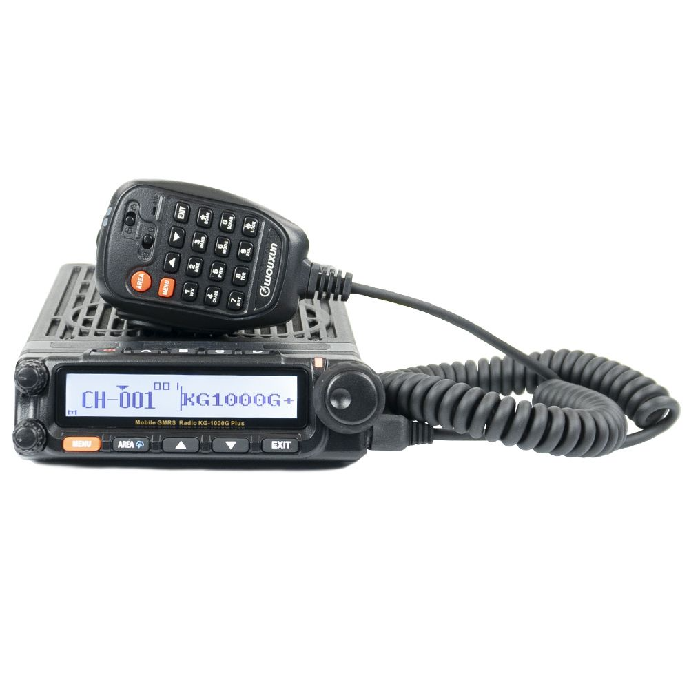 Wouxun KG-1000G Plus 50-watt GMRS mobile radio with display, control microphone, and advanced programming features