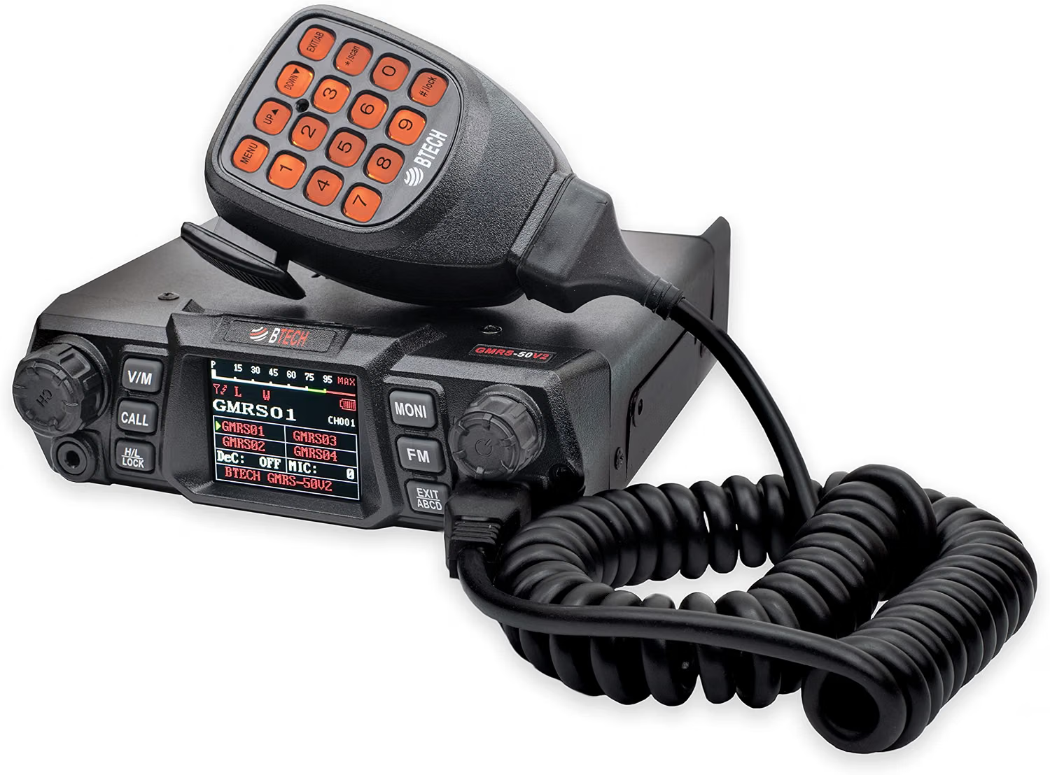 BTECH GMRS-50V2 50-watt mobile GMRS radio with color display and programmable controls for vehicle communication