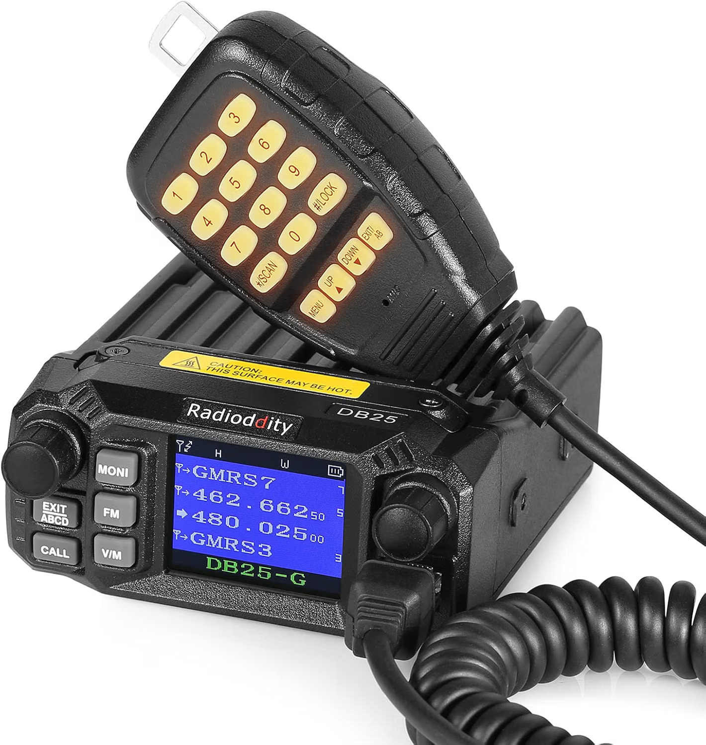 Radioddity DB25-G compact 25-watt GMRS mobile radio with control microphone for truck, SUV, and overlanding use