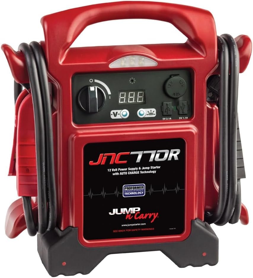 Jump-N-Carry JNC770R AGM portable jump starter with heavy-duty cables for trucks