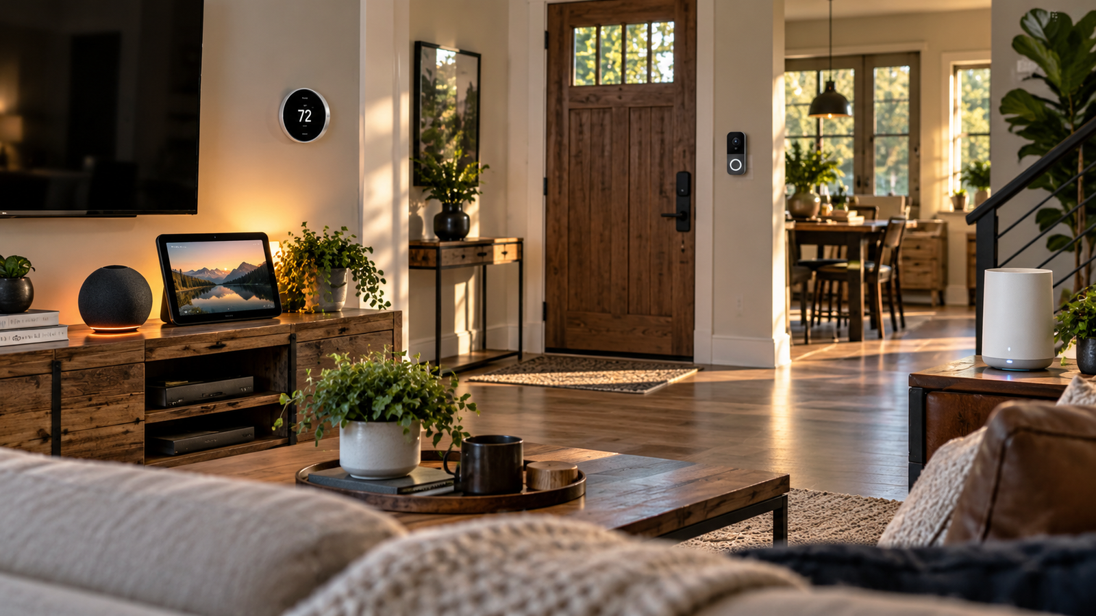 Modern smart home living room with connected thermostat, smart display, speaker, video doorbell and Wi-Fi router