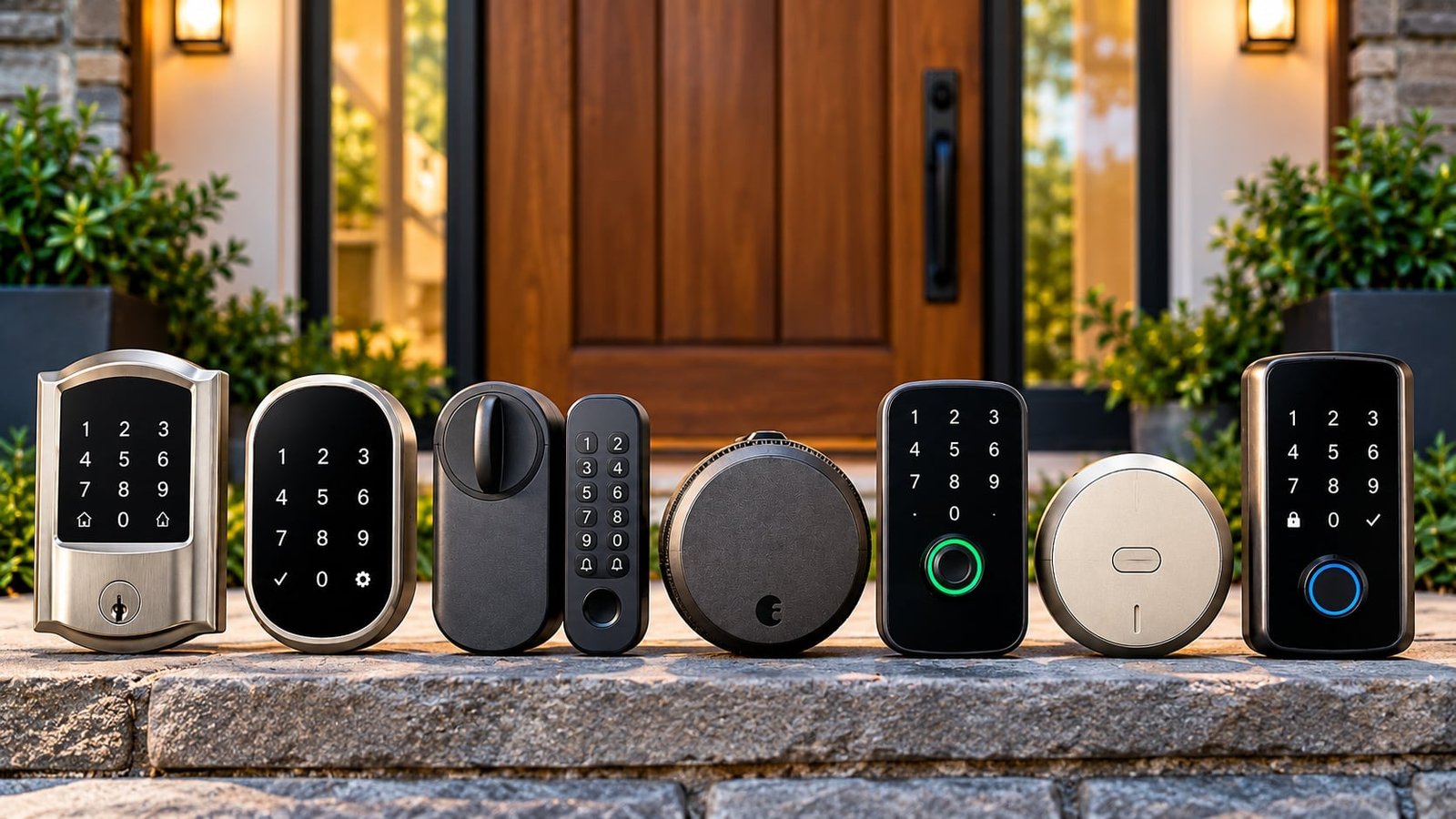 Modern front door with a smart lock installed on the entry door