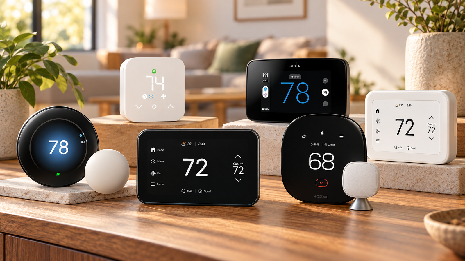 Modern smart thermostat mounted on a wall in a comfortable contemporary home