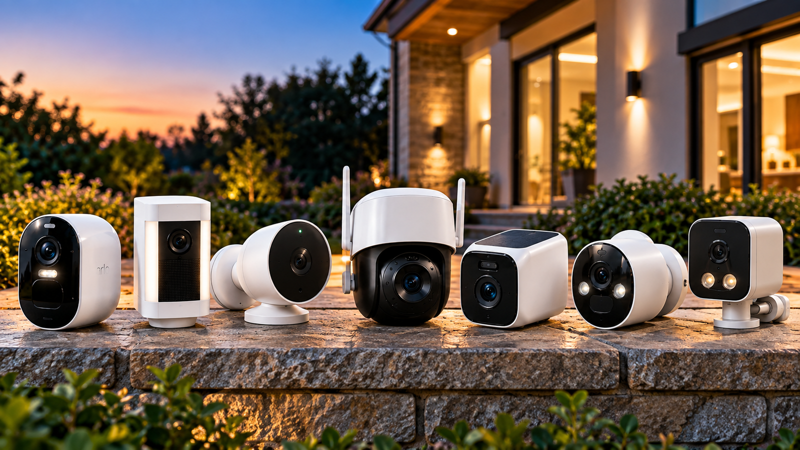 Outdoor security camera mounted on a modern home exterior overlooking a driveway