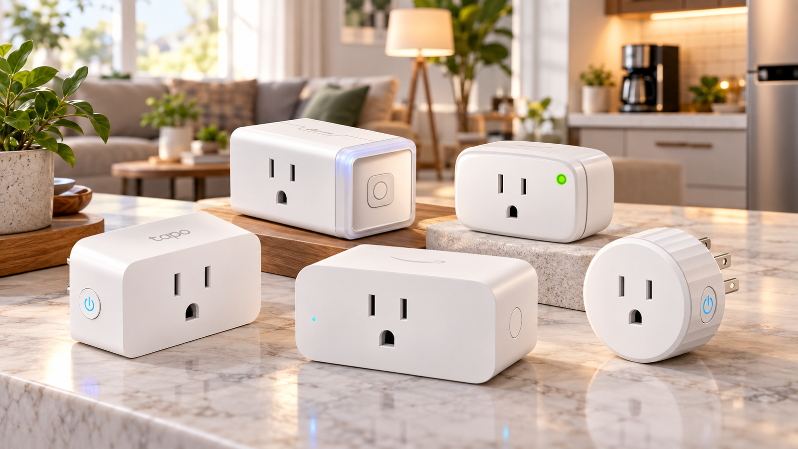 Compact smart plugs connected to lamps and household devices in a modern smart home