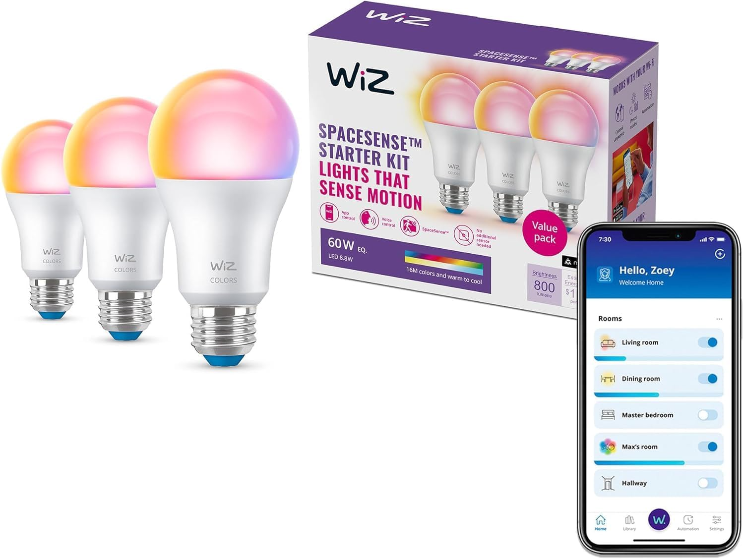 WiZ A19 Full Color Wi-Fi smart bulb with tunable white and color lighting