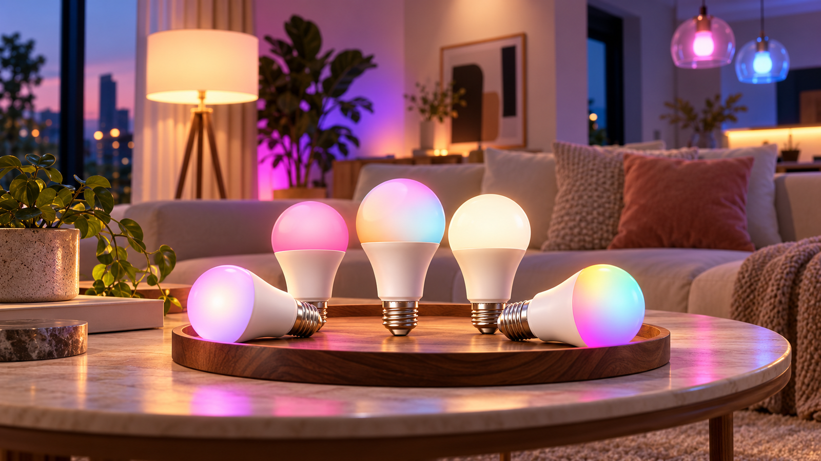 Color-changing smart LED light bulbs glowing in a modern living room