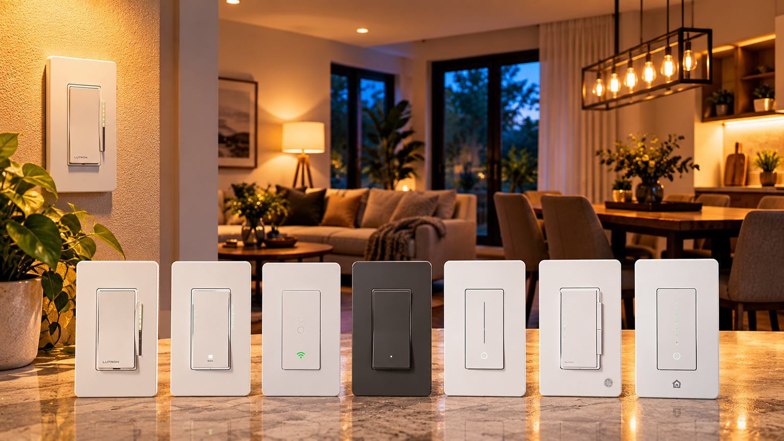 Modern wall-mounted smart light switches and dimmers controlling home lighting