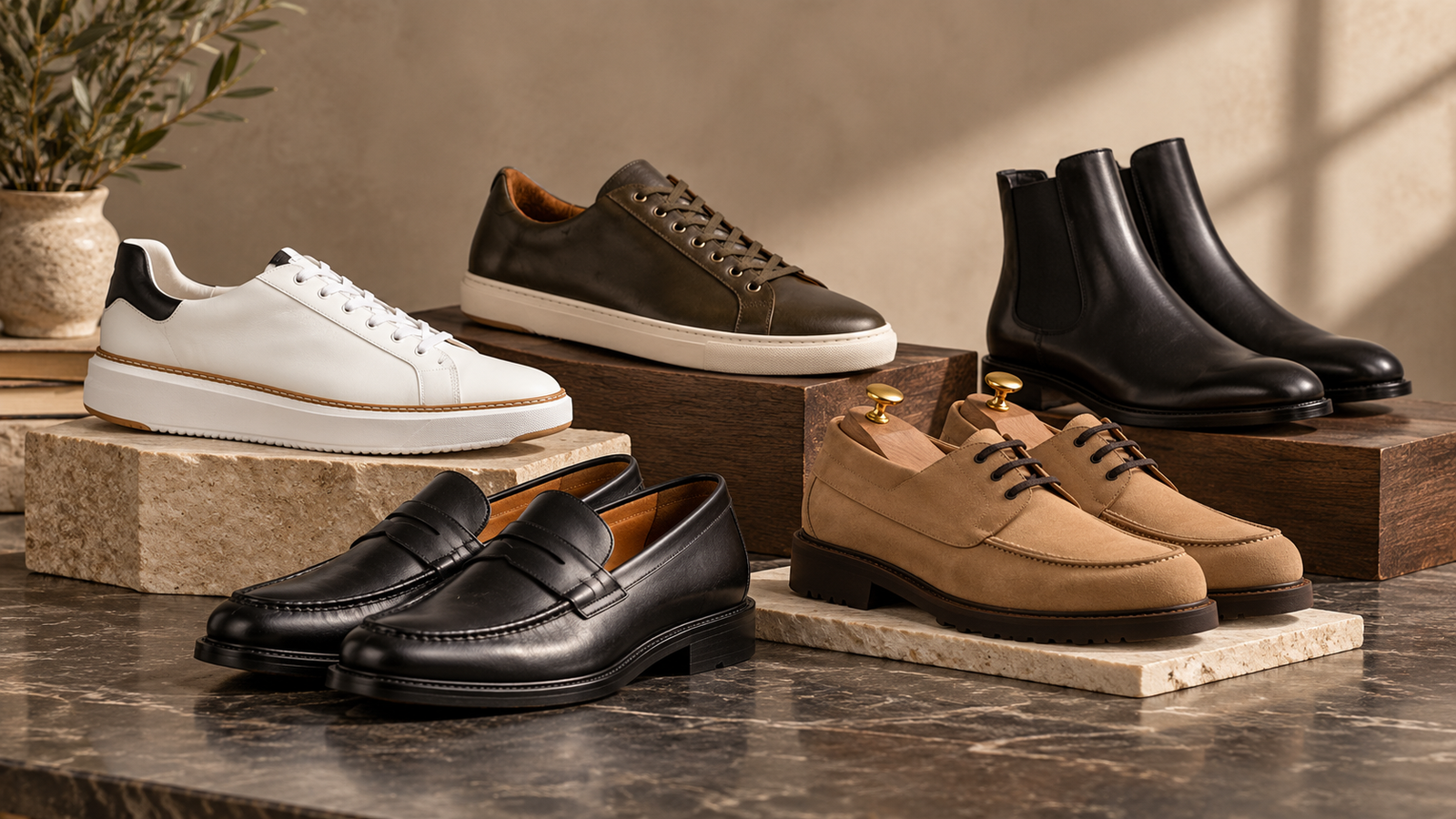 Menβs smart casual shoes including sneakers, loafers, derbies, and Chelsea boots arranged in a refined editorial still life.