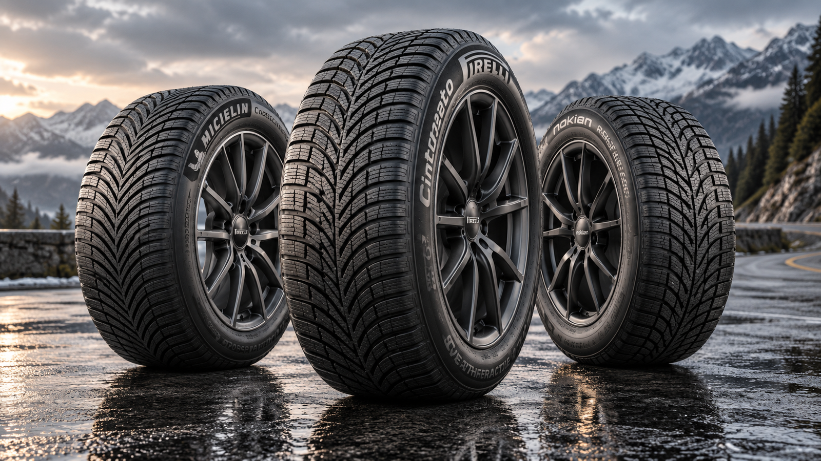 Michelin CrossClimate2, Pirelli Cinturato WeatherActive, and Nokian Remedy WRG5 all-weather tires displayed on a wet mountain road with snow-covered peaks.
