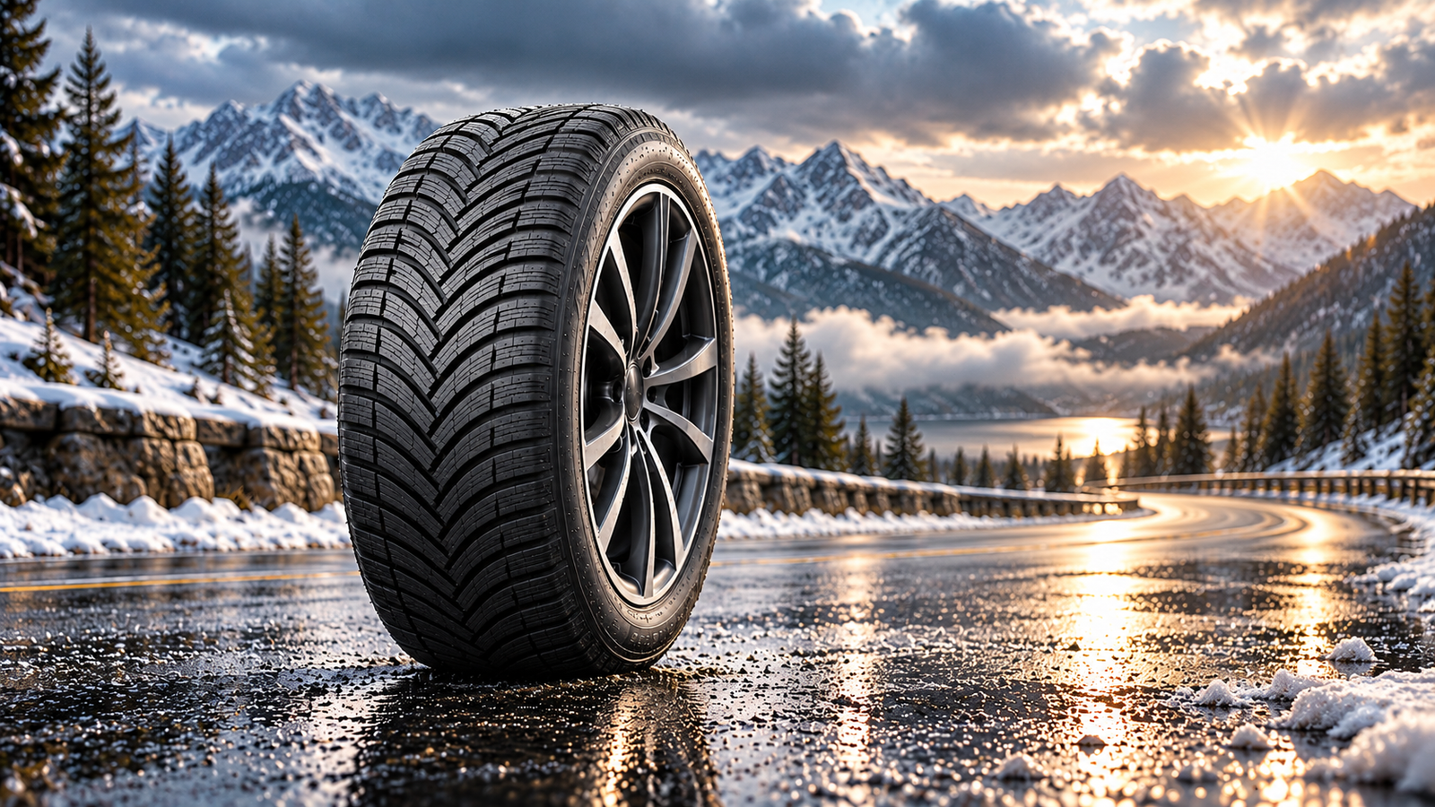 Pirelli Cinturato WeatherActive all-weather tire on a wet alpine road with snow-covered mountains.
