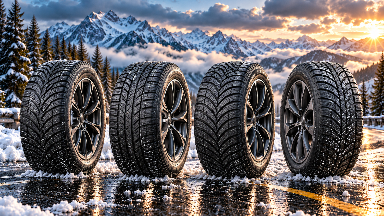 Seven all-weather tire options represented on a wet snowy alpine road for a 2026 snow and rain tire comparison.