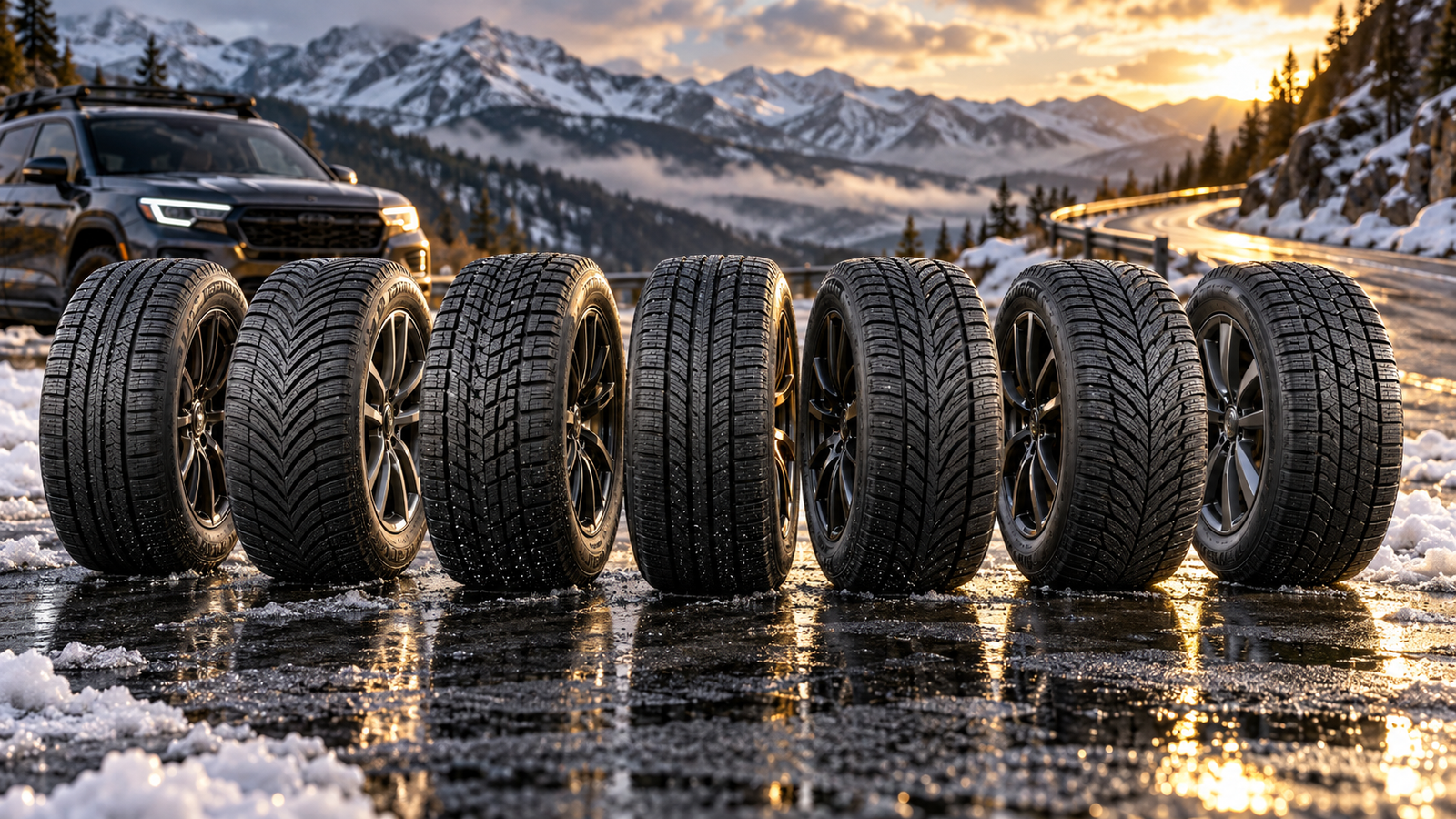 Seven all-weather SUV tires displayed on a wet, snowy mountain road with an SUV in the background.
