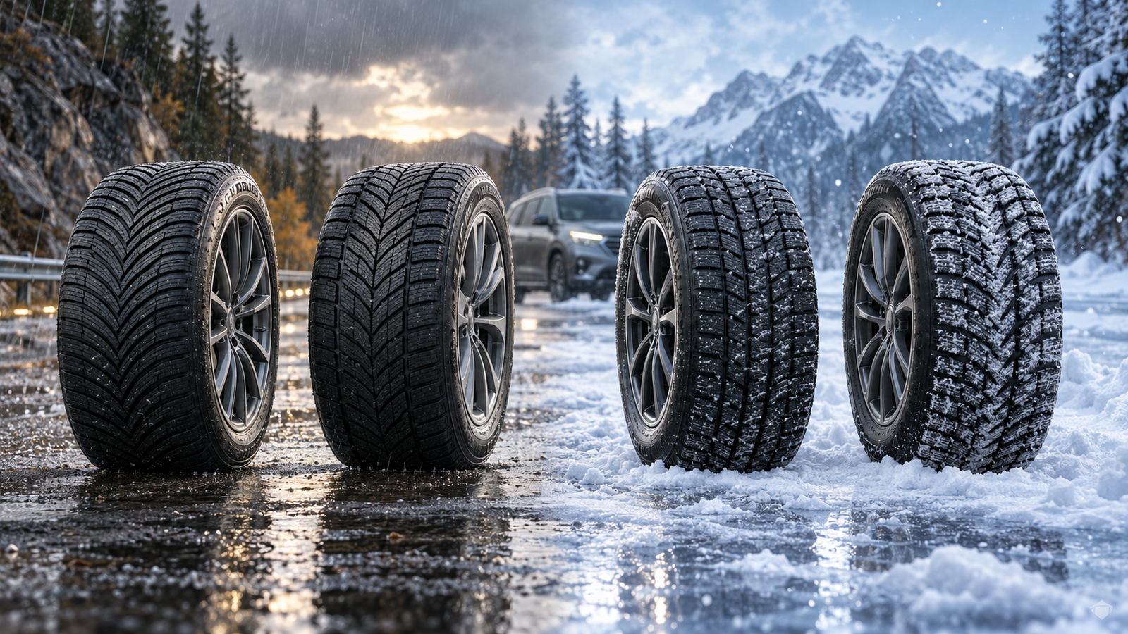 Four all-weather and winter tire designs on a wet and snowy mountain road, with an SUV behind them.