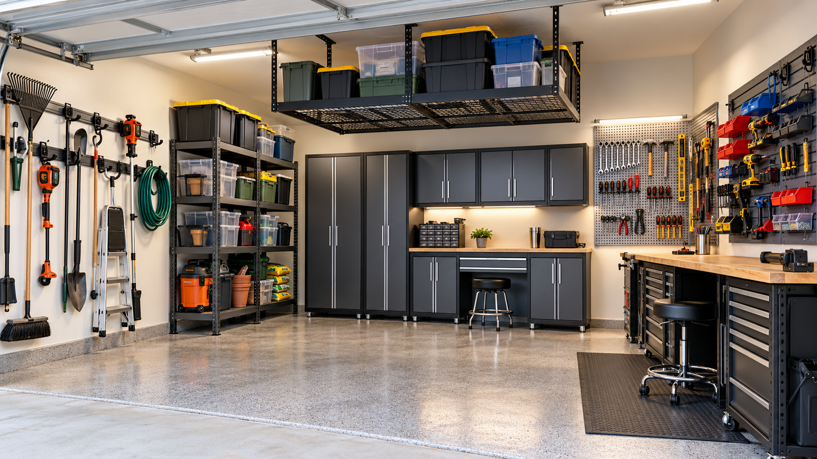 Bright organized home garage with overhead storage racks, metal cabinets, shelving, wall-mounted yard tools, pegboard, and modular workshop storage.