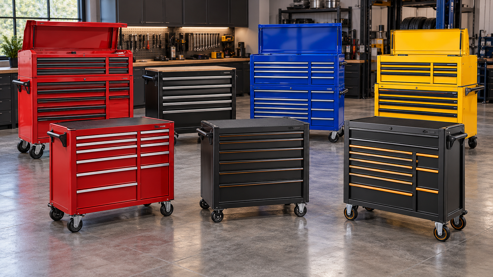 Seven rolling tool chests arranged in a modern garage workshop with organized tools and cabinets in the background.