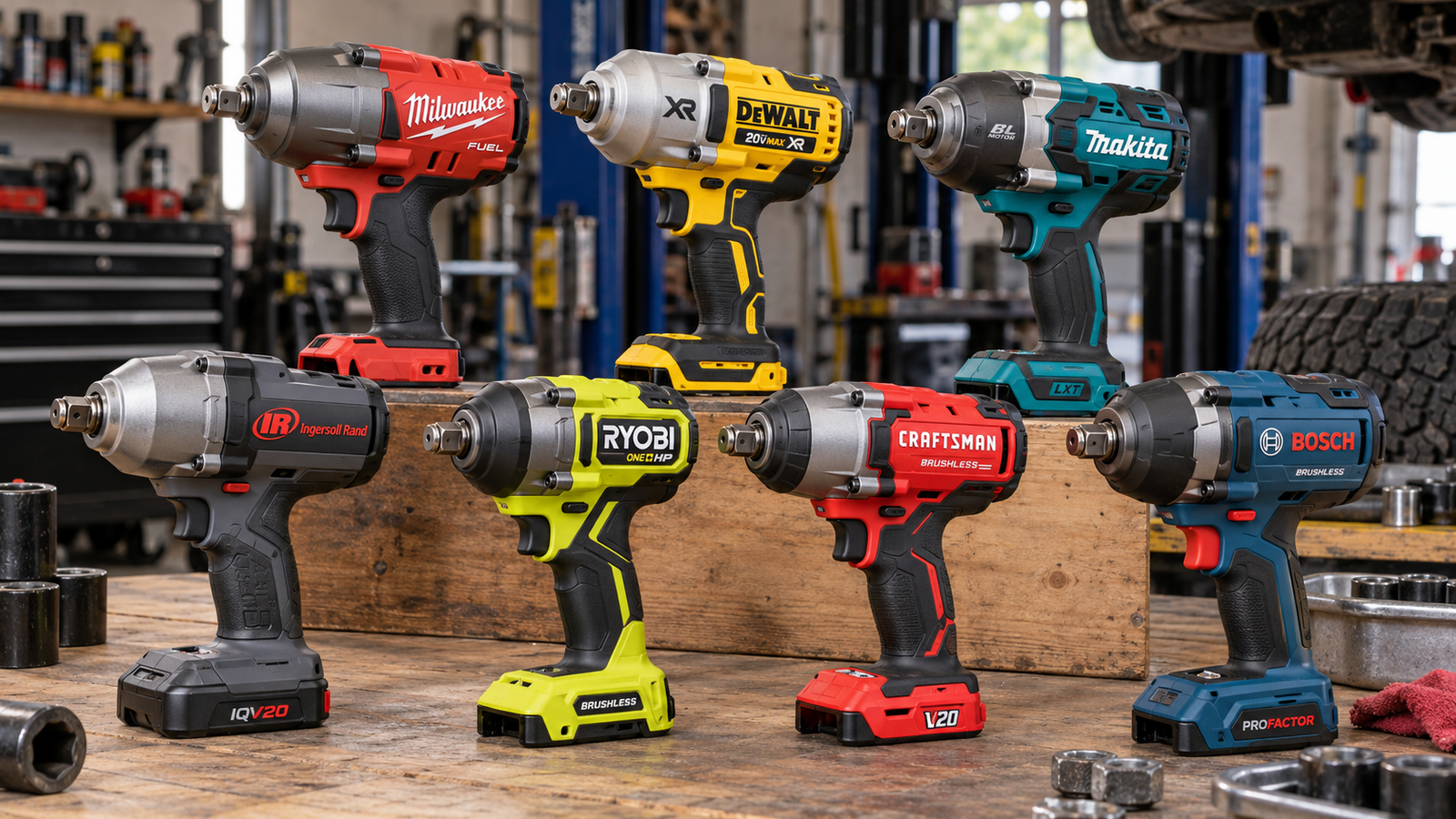Seven cordless impact wrenches from Milwaukee, DEWALT, Makita, Ingersoll Rand, RYOBI, CRAFTSMAN and Bosch arranged on a garage workbench.