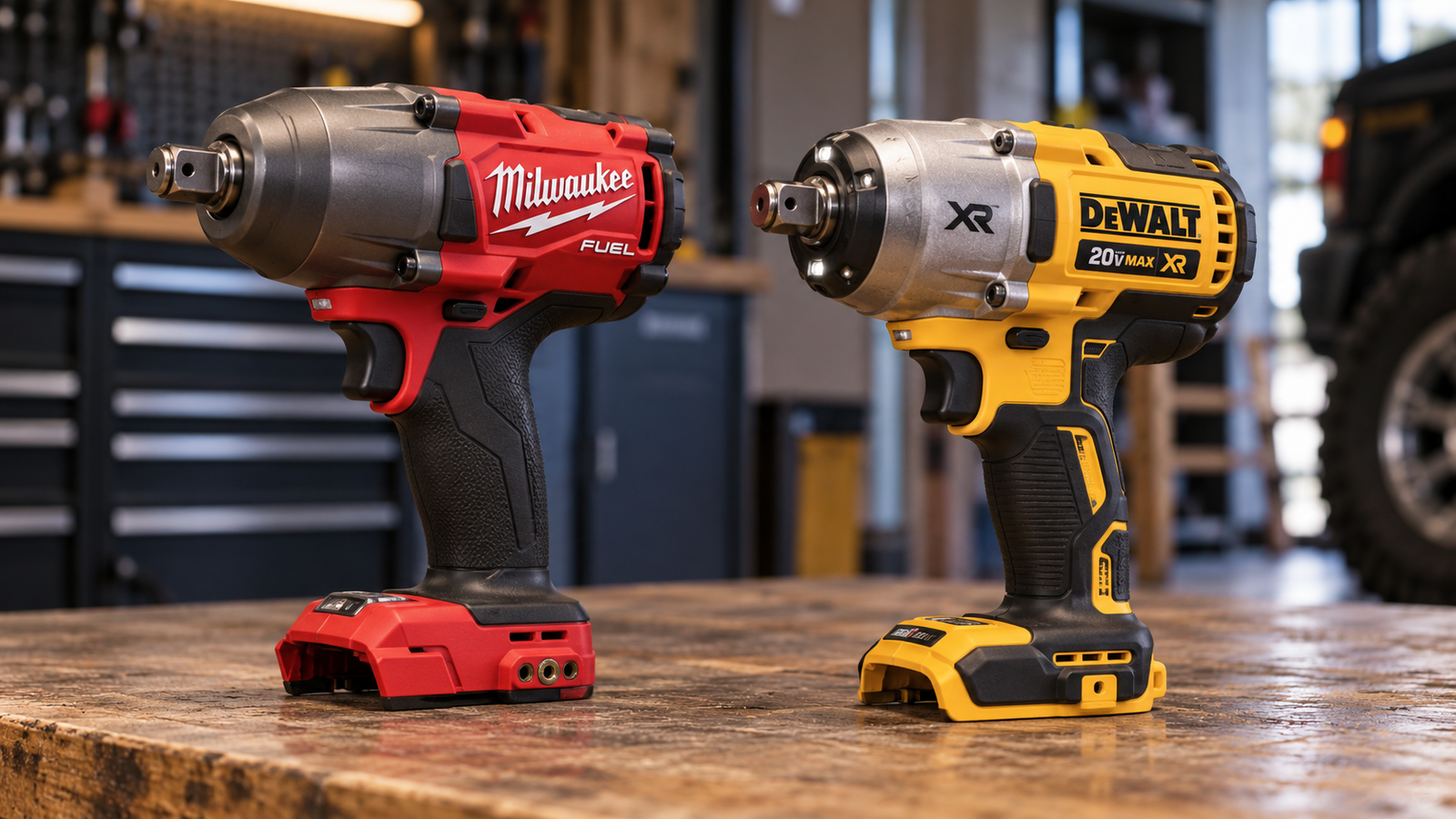 Milwaukee M18 FUEL 2967-20 and DEWALT 20V MAX XR DCF900B high-torque cordless impact wrenches displayed side by side on a garage workbench.