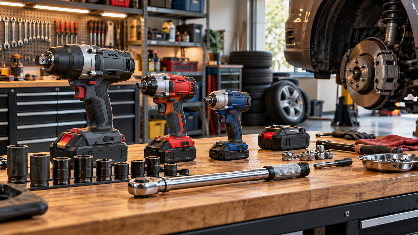 Cordless impact wrenches, impact sockets, and a torque wrench on a garage workbench beside a vehicle with the wheel removed.