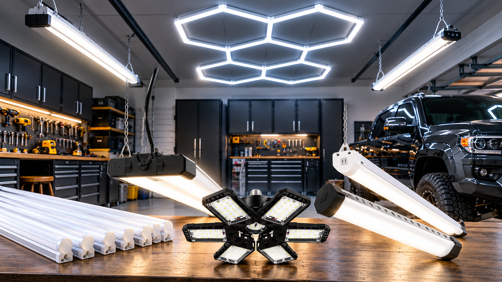 Modern home garage with hexagon LED ceiling lights, bright hanging shop lights and assorted LED fixtures on a workbench beside a pickup truck.