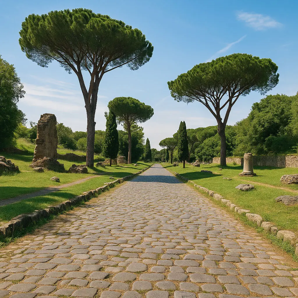 A sunlit cobblestone path of the ancient Appian Way in Rome, bordered by tall pine trees and scattered Roman ruins, stretching into the horizon under a clear blue sky.