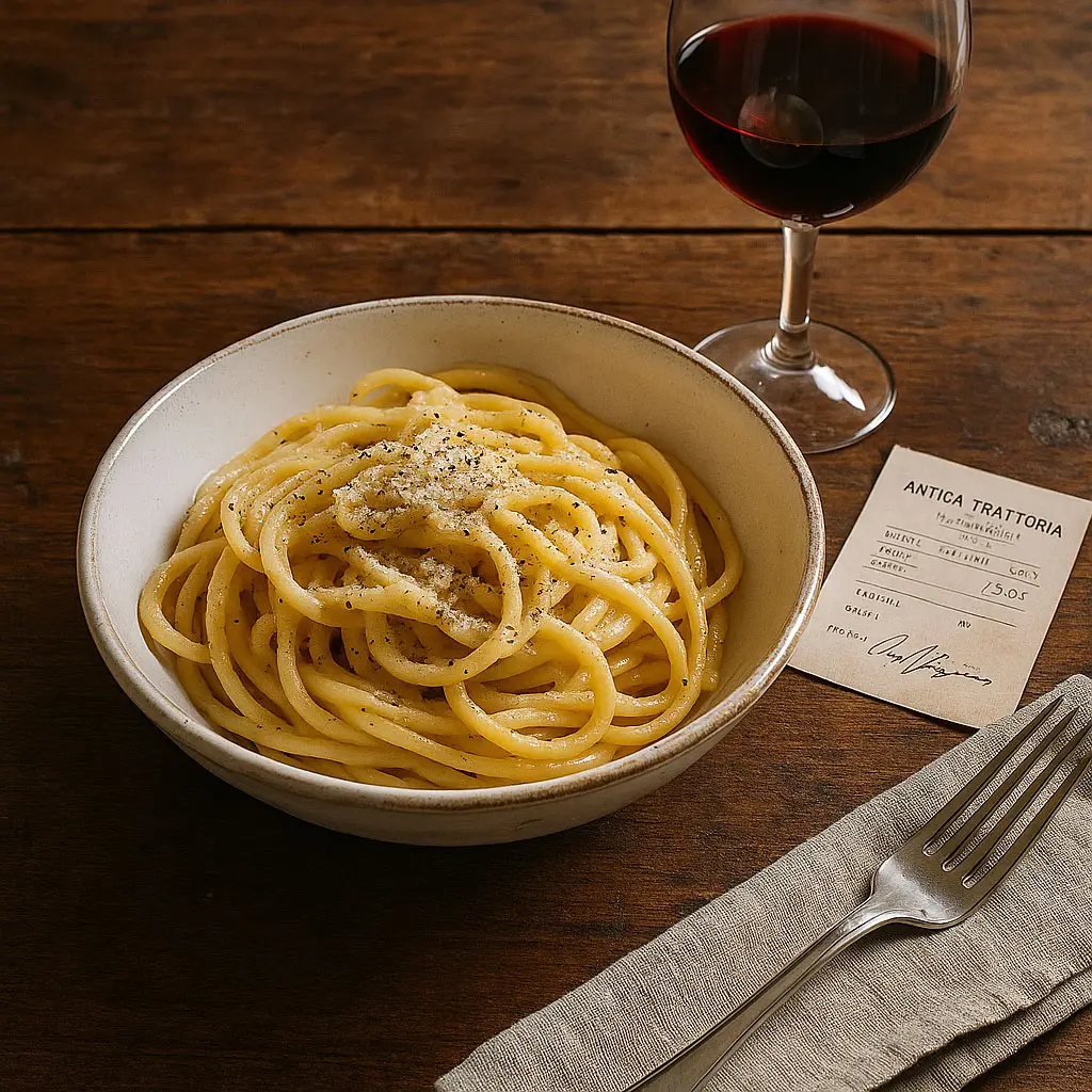 A rustic wooden table set with a bowl of cacio e pepe pasta, a glass of red wine, a handwritten trattoria receipt, and a folded napkin with silverware, evoking a cozy Roman dining experience.
