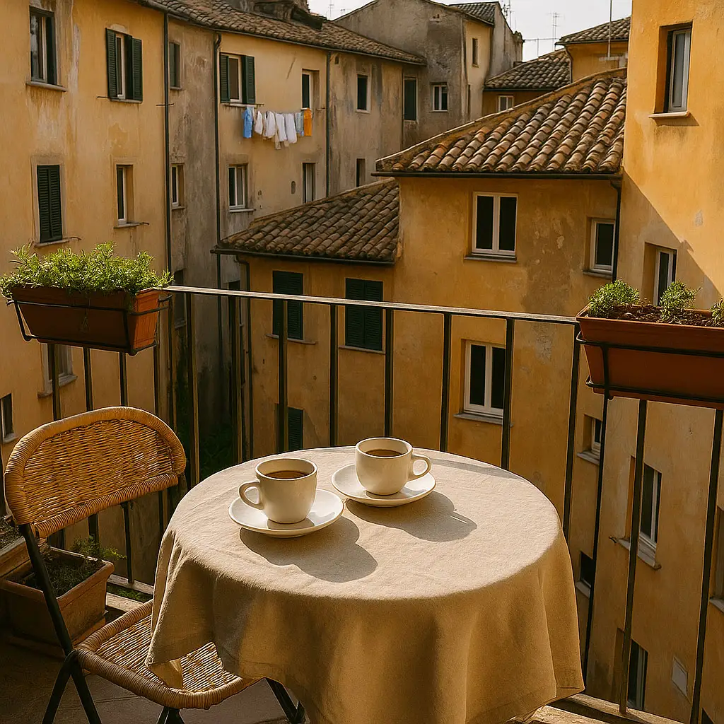 A sunlit balcony in Rome with a round table set for two, featuring two coffee cups, a woven chair, and a view of rustic terracotta rooftops and yellow-washed apartment buildings with laundry hanging across the windows.