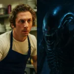 Split-screen image of a chef in a kitchen looking intensely focused next to a snarling alien creature with a dark, glossy exoskeleton.