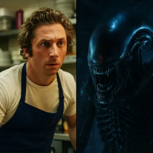 Split-screen image of a chef in a kitchen looking intensely focused next to a snarling alien creature with a dark, glossy exoskeleton.