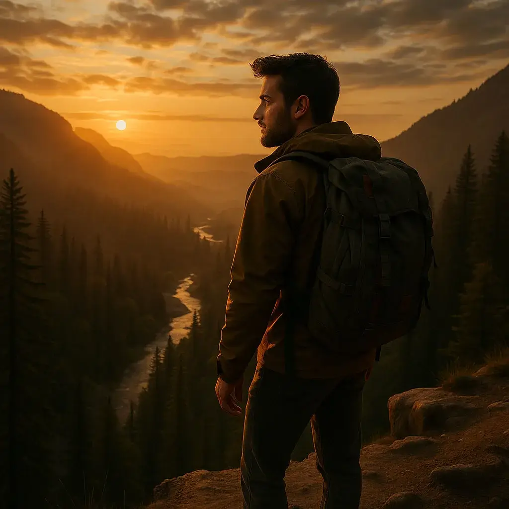 A man with a backpack stands on a rocky ledge overlooking a forested valley and winding river at sunset.