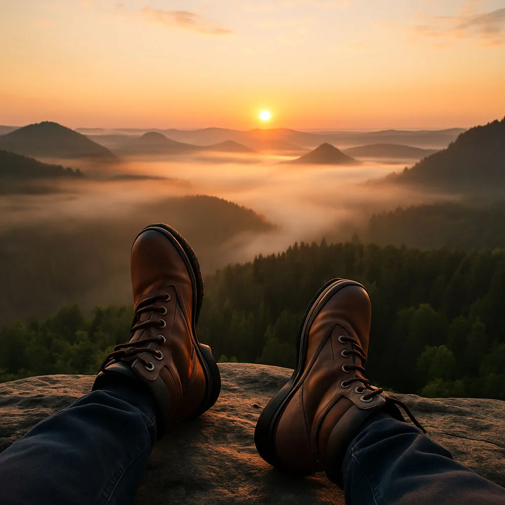 Hiking boots rest on a rocky ledge overlooking a fog-filled forest valley at sunrise.