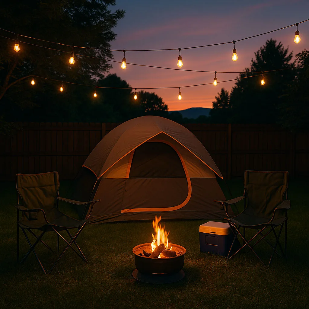 A backyard campsite with a tent, fire pit, string lights, folding chairs, and a cooler at twilight.