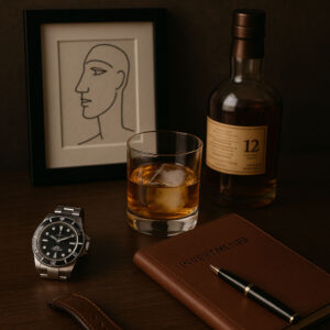 Picture of Desk with Art, Whiskey, luxury Watch and a notebook with pen
